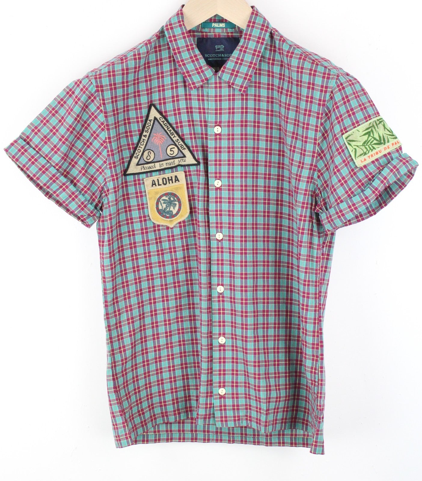 SCOTCH & SODA Ams Couture Men Shirt S Green Checked Patched Cotton Linen