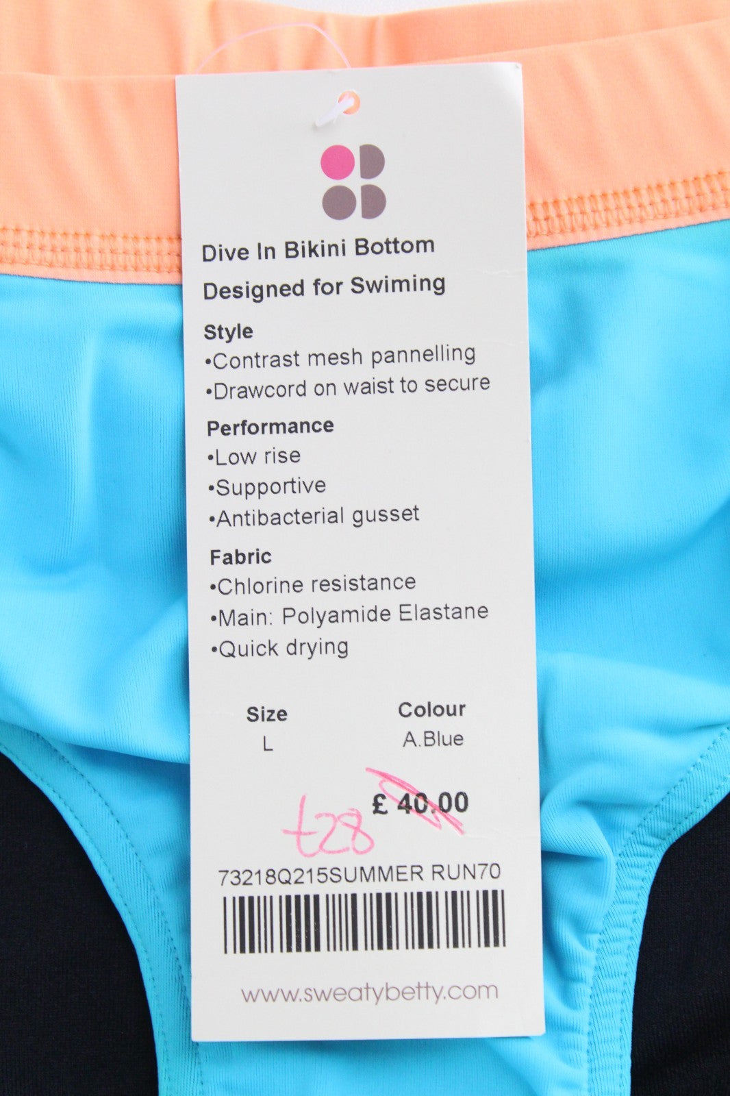 SWEATY BETTY Dive In Women Swimwear L Blue Stretch Low Rise Bikini Bottom