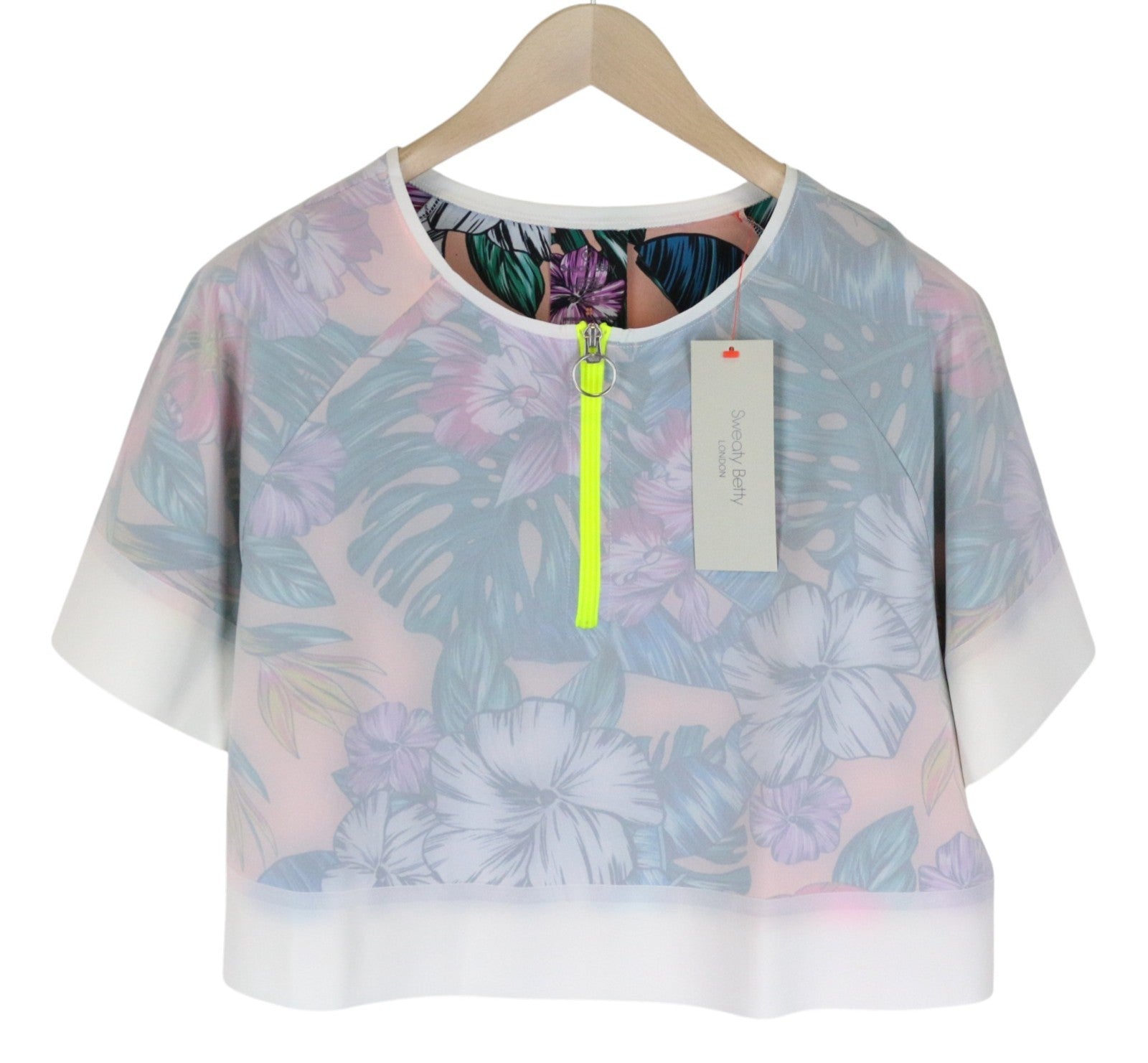 SWEATY BETTY Tournament Tennis Women T-Shirt M Off-White Stretch Cropped Printed