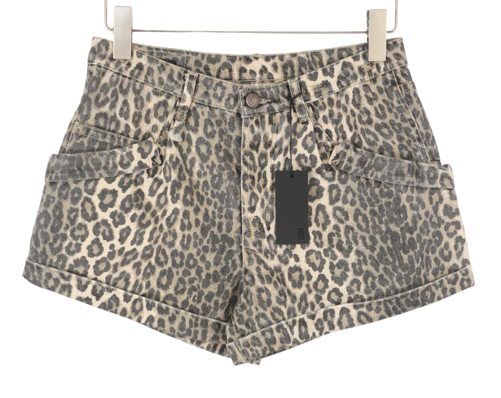 R13 Pouch Pocket Women Shorts 25 Rigid Ecru Leopard Button Turn-Up RRP795