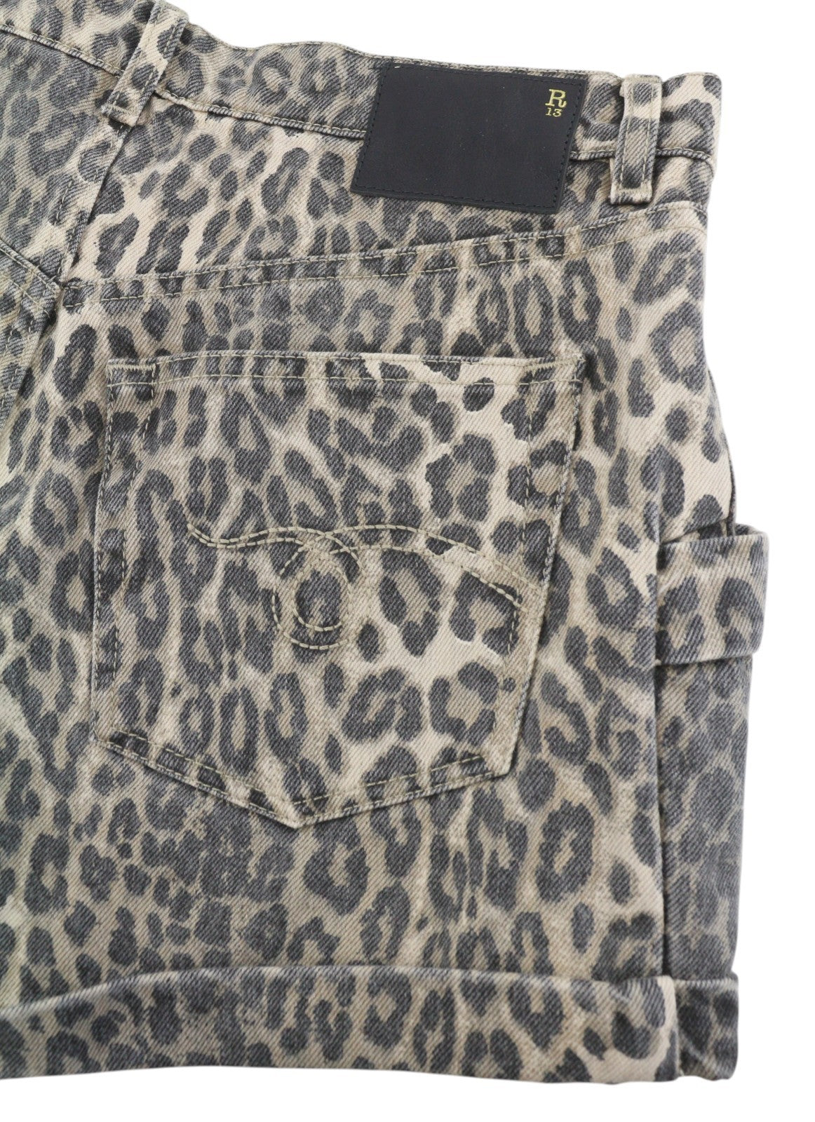 R13 Pouch Pocket Women Shorts 25 Rigid Ecru Leopard Button Turn-Up RRP795
