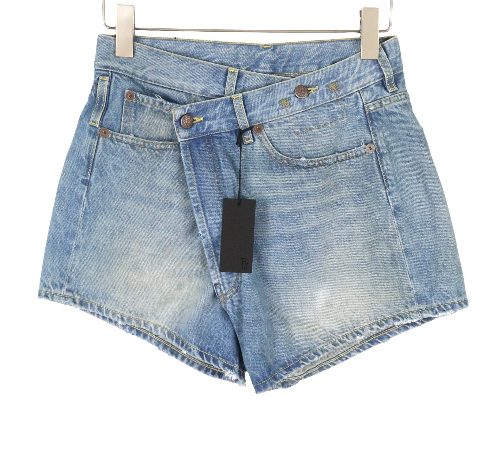 R13 Cross Over Women Shorts 24 Bain Blue Asymmetric Button Fastening Denim