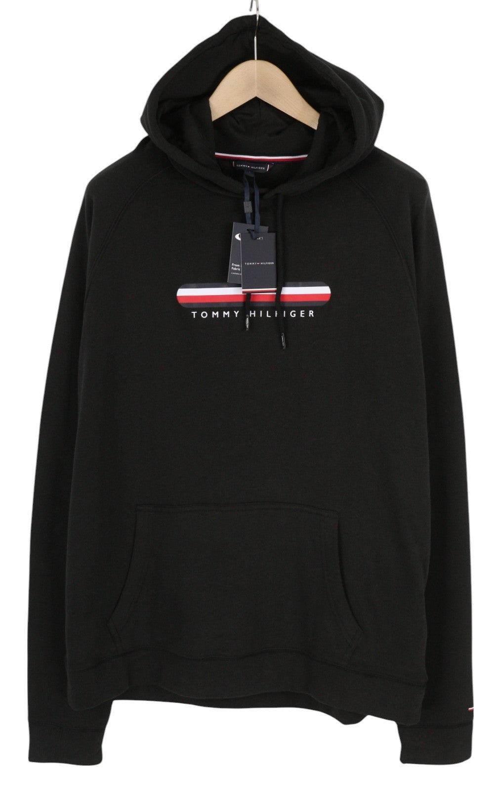 TOMMY HILFIGER OH Men Hoodie L Pull On Black Front Logo Pyjama Top Sleepwear