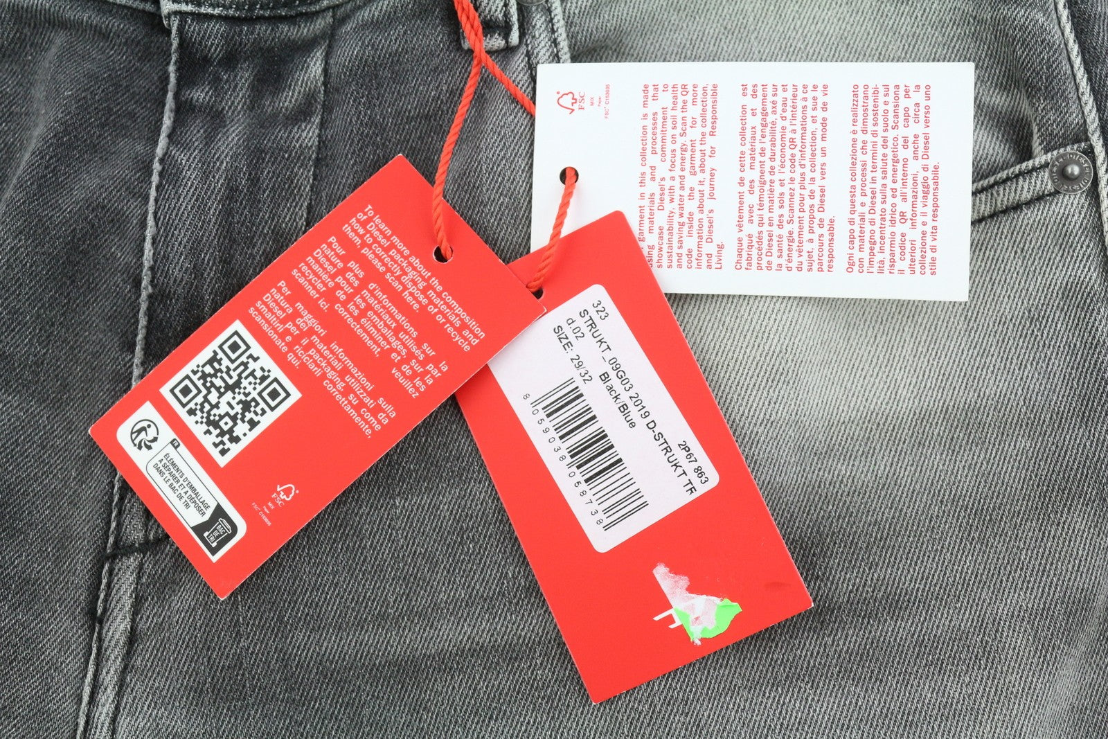 DIESEL 2019 D-Strukt 09G03 Men Jeans W29/L32 Grey Faded Whiskers Distress Slim