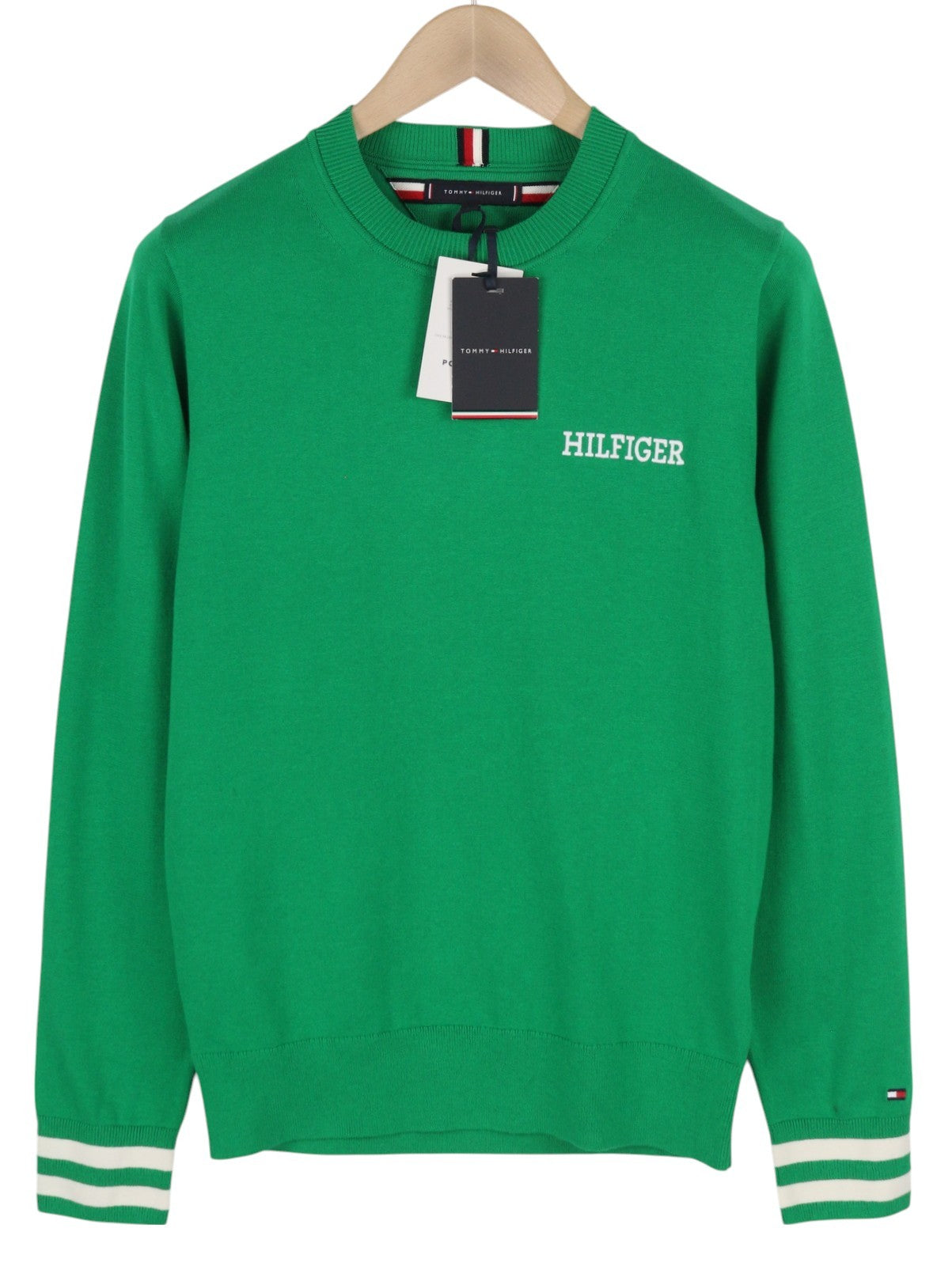 TOMMY HILFIGER Monotype Tipped Men Jumper S Green Knitted Crew Neck Pull On