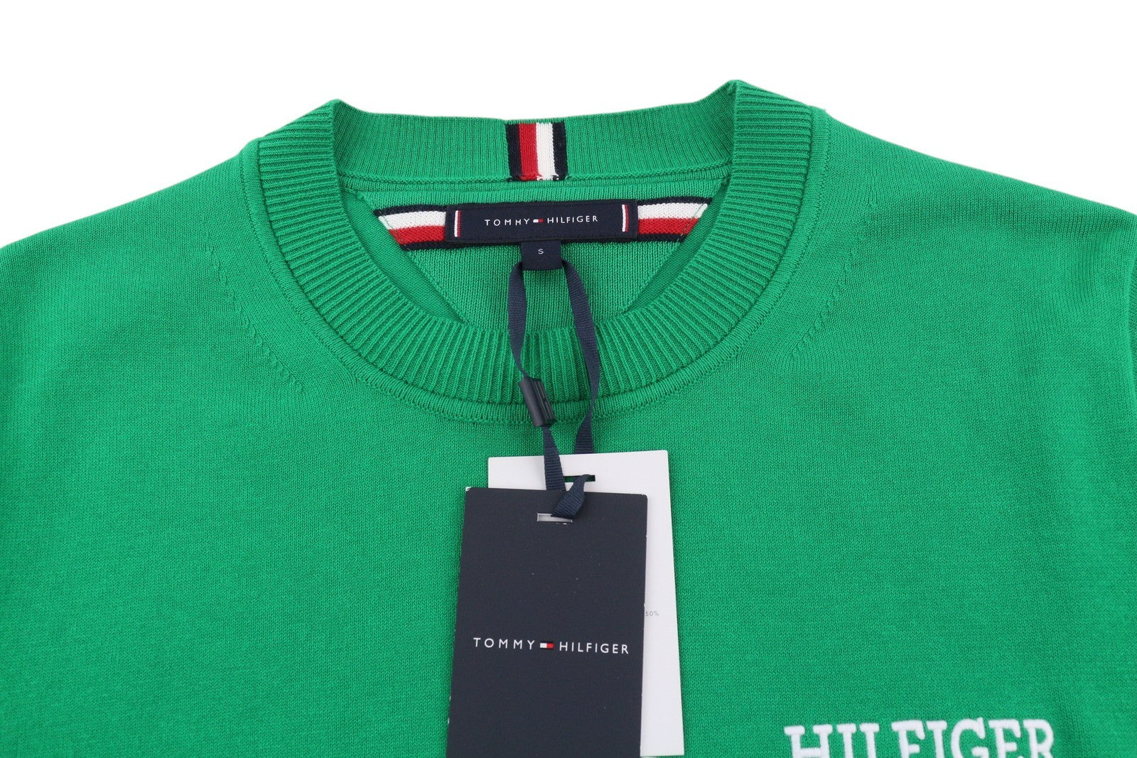 TOMMY HILFIGER Monotype Tipped Men Jumper S Green Knitted Crew Neck Pull On