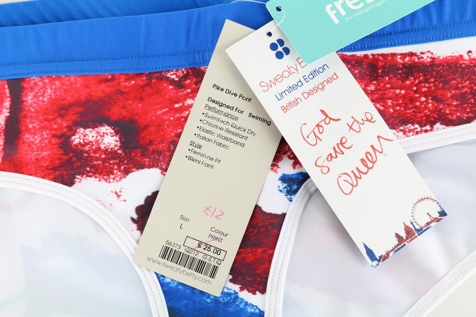 SWEATY BETTY Pike Dive Women Swimwear L Blue Red Print Stretch Bikini Bottom