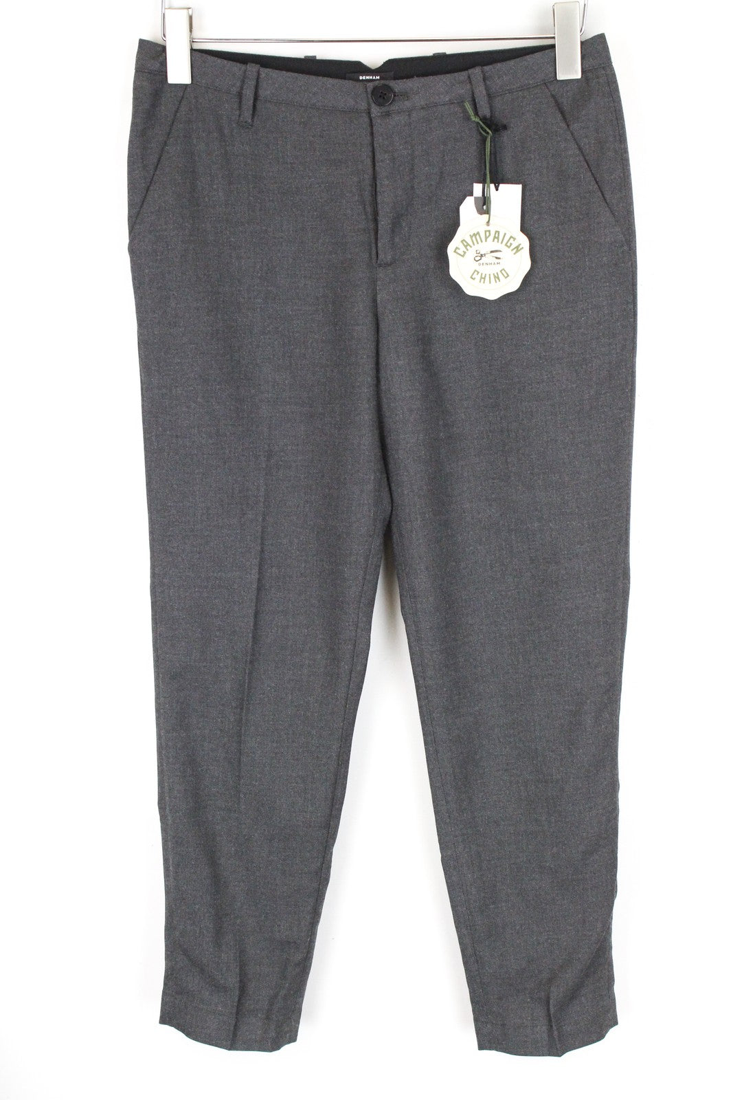 DENHAM Ocean Men Trousers S Grey Stretch Pleated Front Classic Formal Cropped