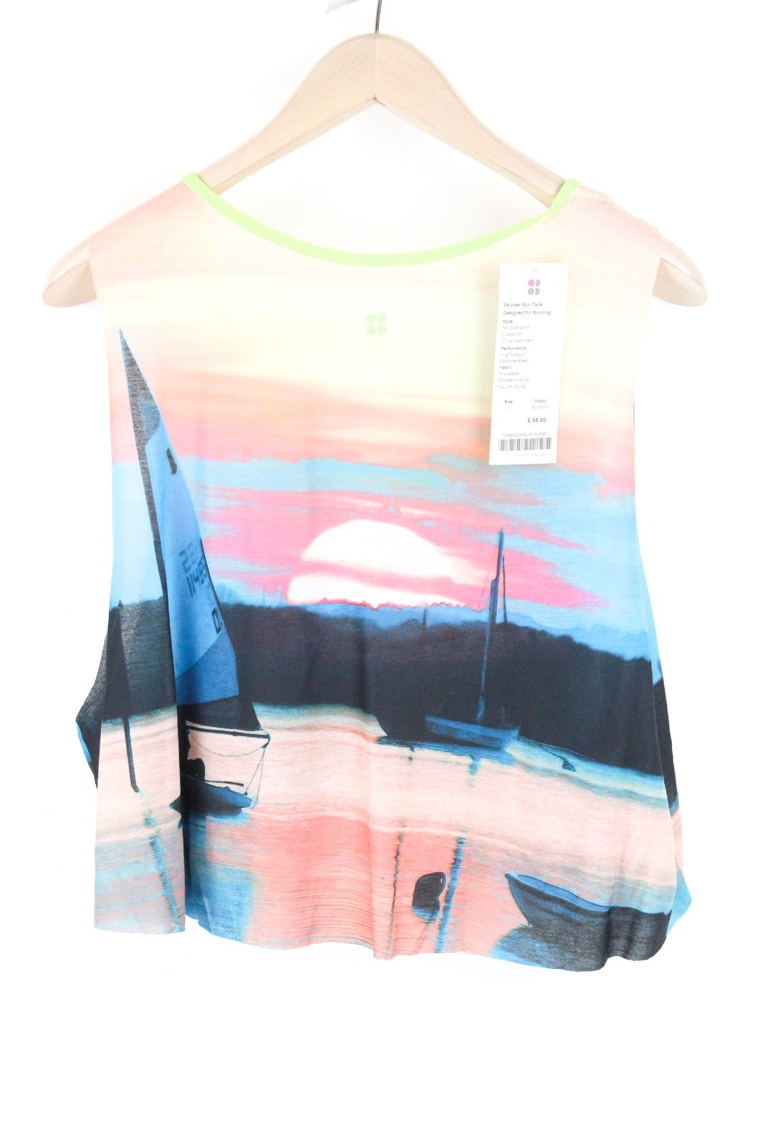 SWEATY BETTY Skipper Run Tank Women Top L Pink Cropped Loose Print Sleeveless