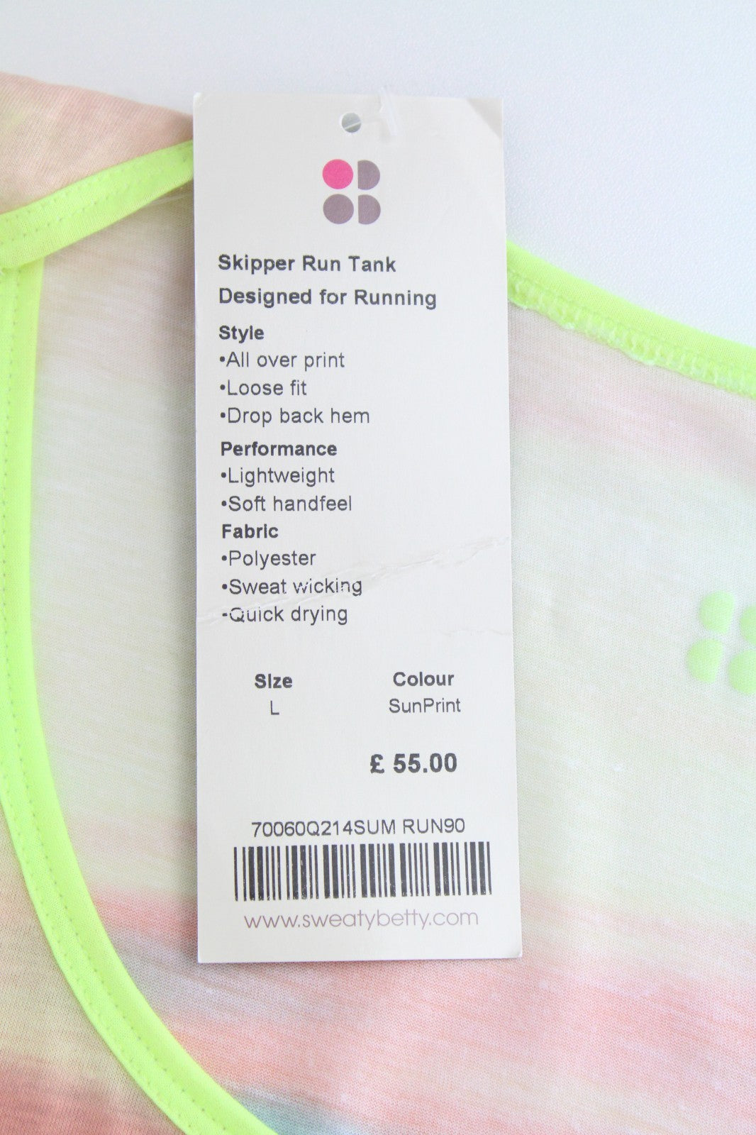 SWEATY BETTY Skipper Run Tank Women Top L Pink Cropped Loose Print Sleeveless