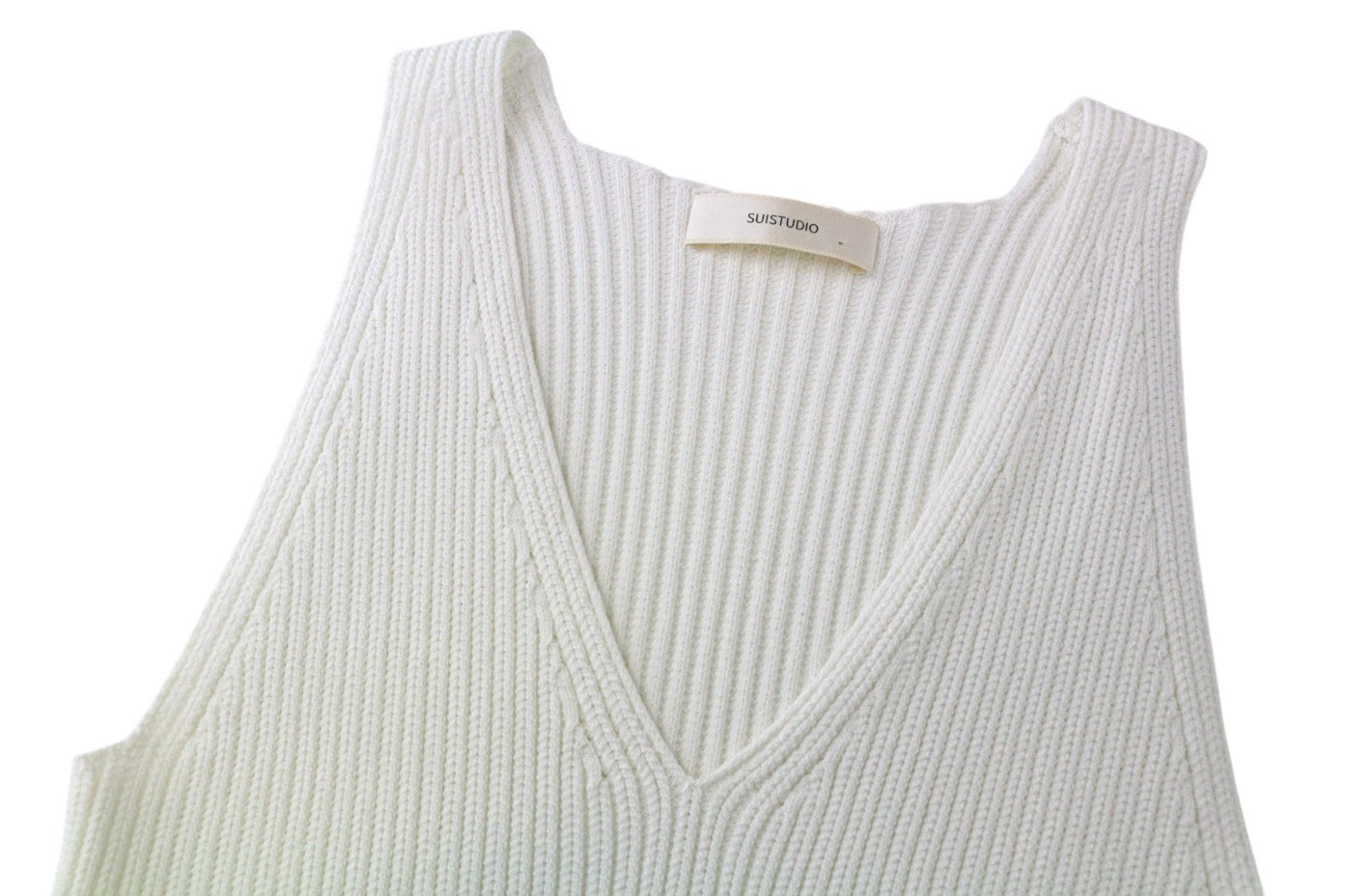 SUISTUDIO Dana moteriški marškinėliai XS dydžio balkšvai balti, ploni, briaunoti, megzti marškinėliai be rankovių 
