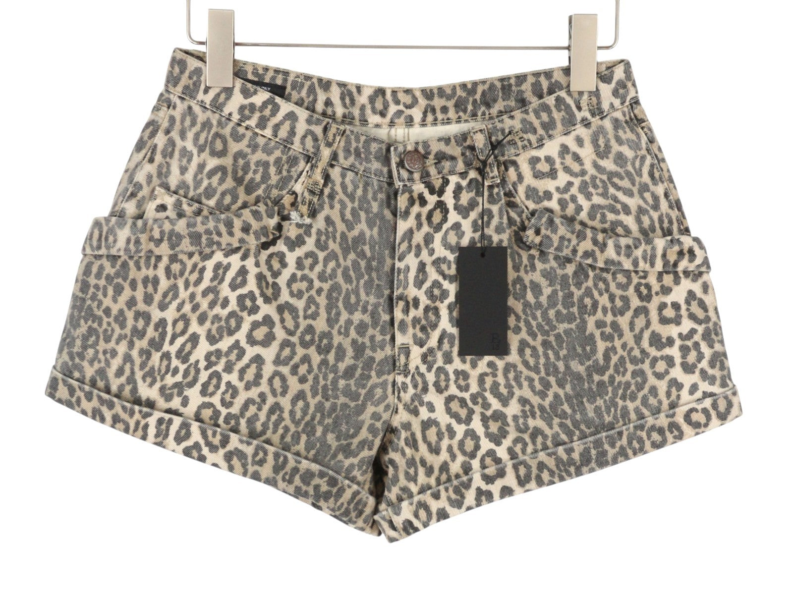 R13 Pouch Pocket Women Shorts 27 Rigid Ecru Leopard Button Turn-Up RRP795