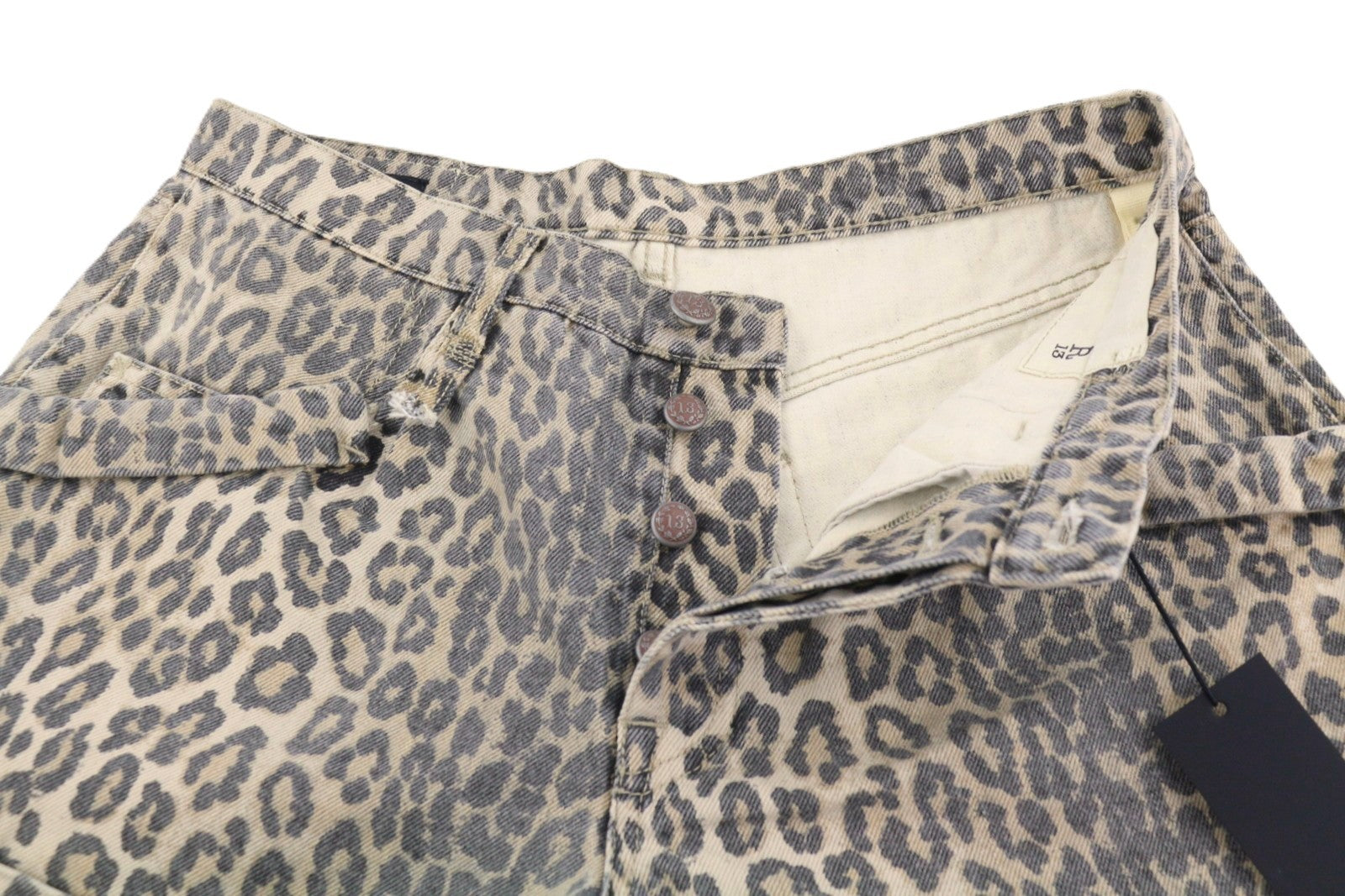 R13 Pouch Pocket Women Shorts 27 Rigid Ecru Leopard Button Turn-Up RRP795