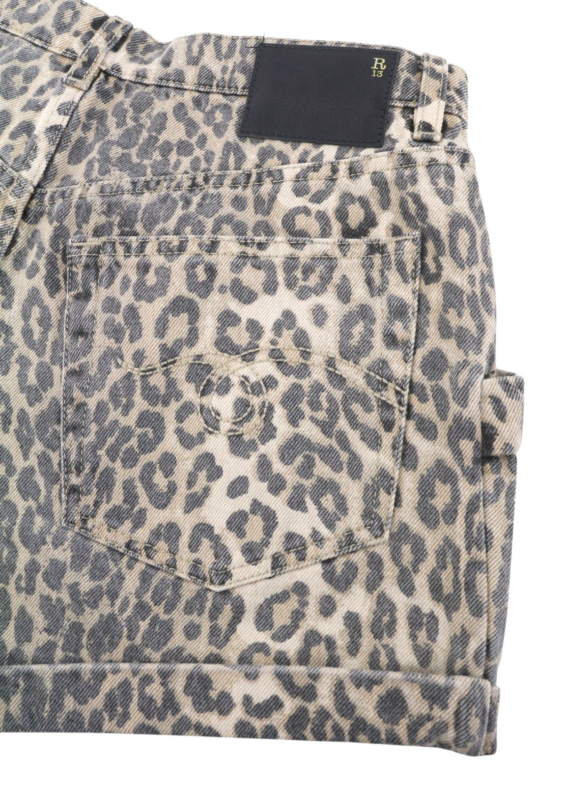 R13 Pouch Pocket Women Shorts 27 Rigid Ecru Leopard Button Turn-Up RRP795
