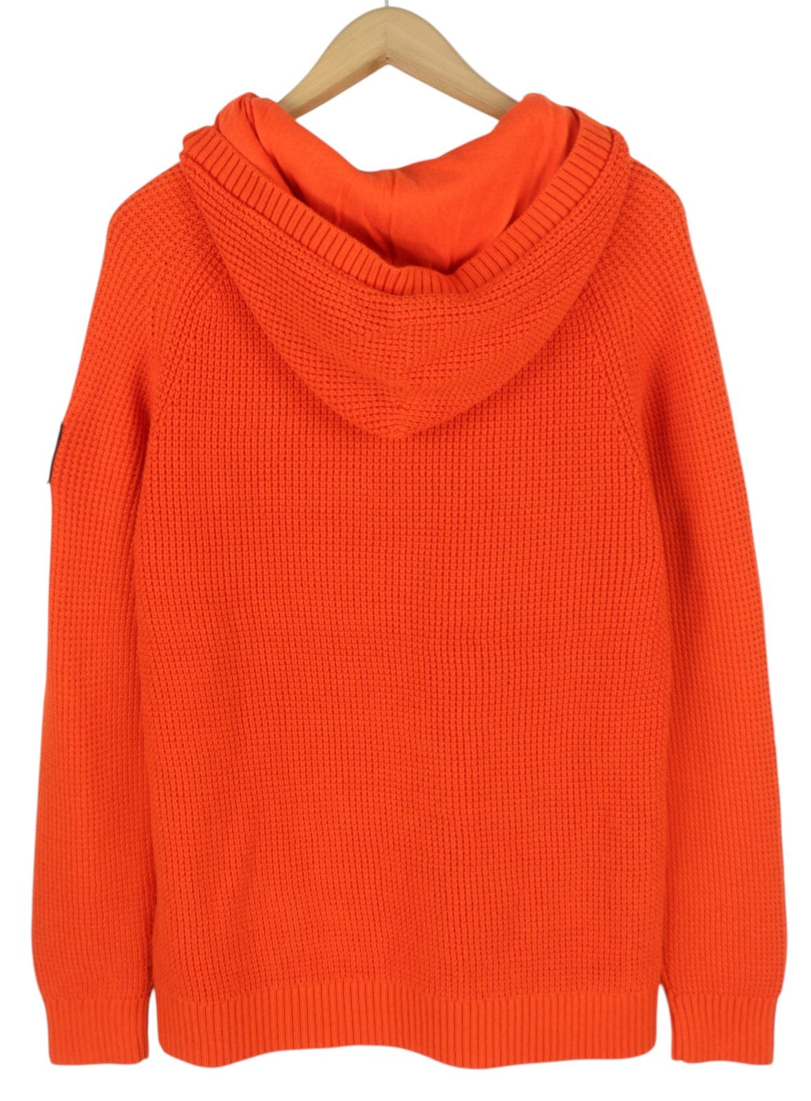 CALVIN KLEIN Men Jumper M Orange Cotton Waffle-Knit Hooded Patch Logo Pull On