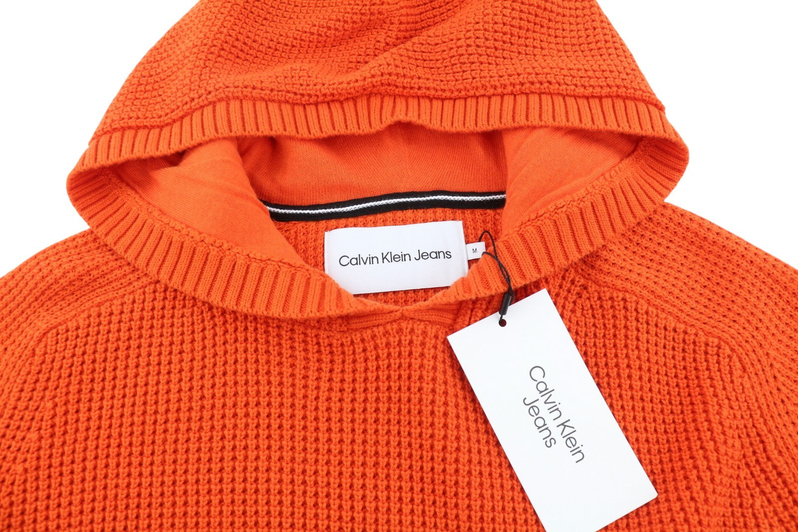 CALVIN KLEIN Men Jumper M Orange Cotton Waffle-Knit Hooded Patch Logo Pull On
