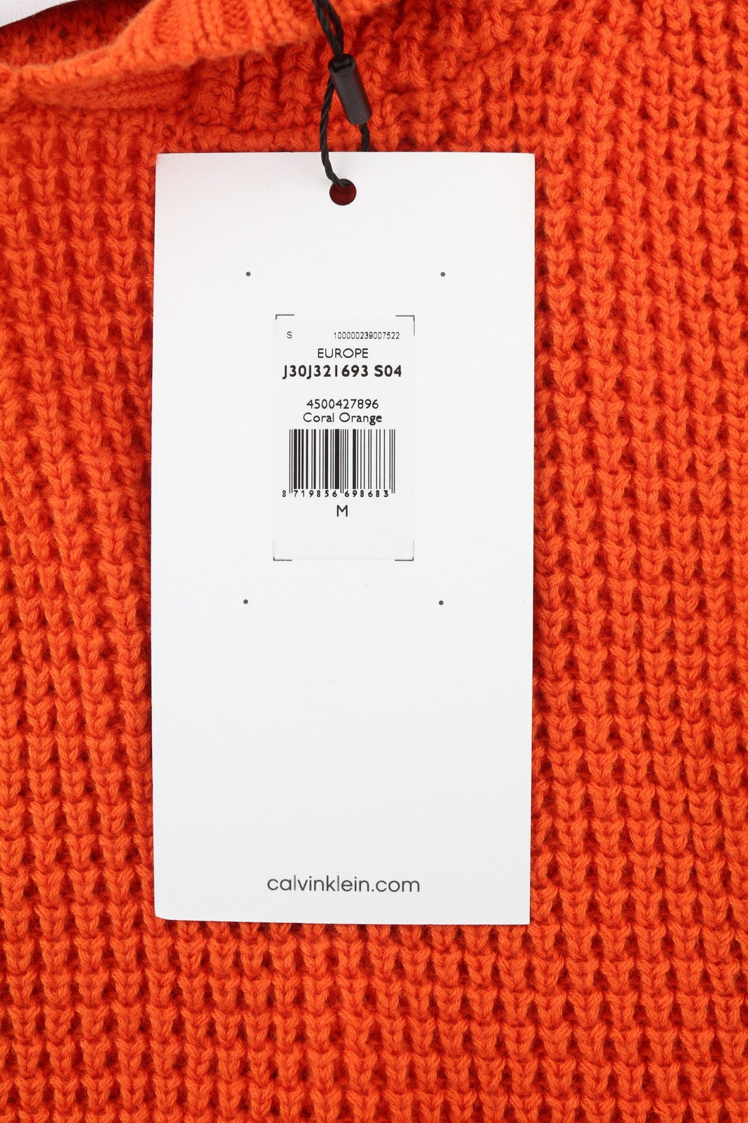 CALVIN KLEIN Men Jumper M Orange Cotton Waffle-Knit Hooded Patch Logo Pull On