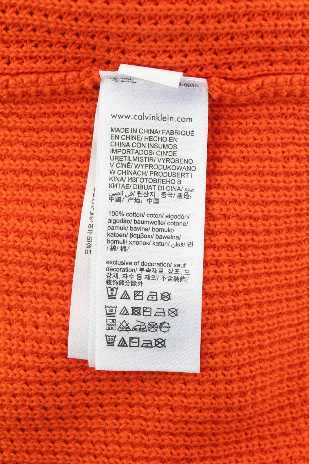 CALVIN KLEIN Men Jumper M Orange Cotton Waffle-Knit Hooded Patch Logo Pull On