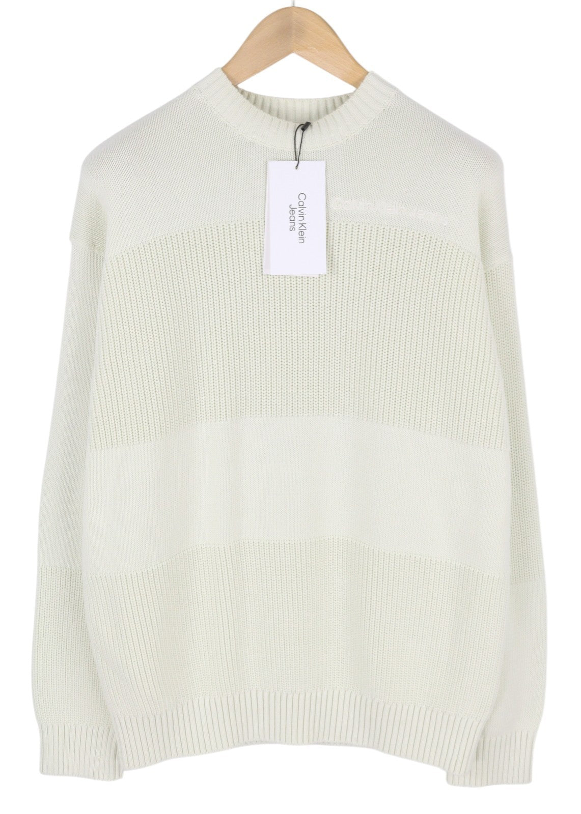 CALVIN KLEIN Stitch Blocking Men Jumper XS Off White Stripe Knit Crew Pull On