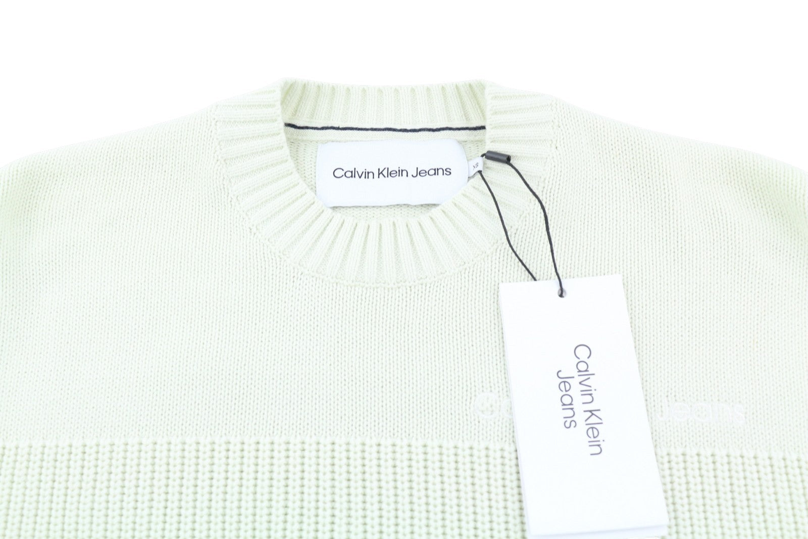 CALVIN KLEIN Stitch Blocking Men Jumper XS Off White Stripe Knit Crew Pull On