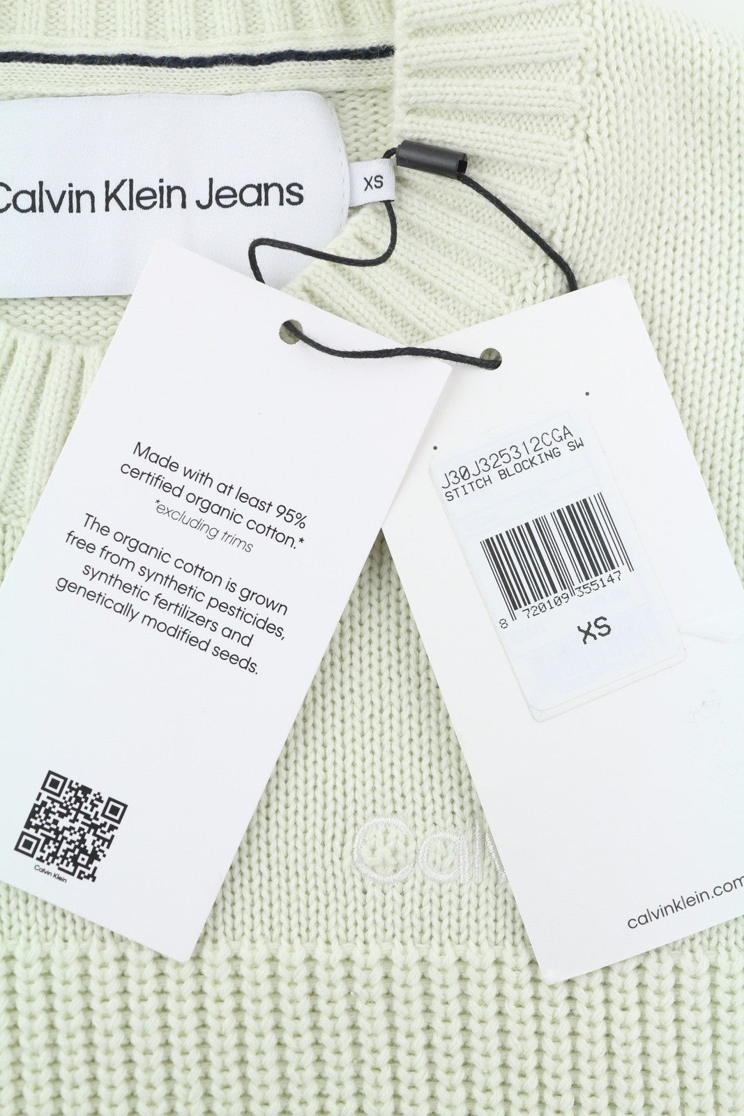 CALVIN KLEIN Stitch Blocking Men Jumper XS Off White Stripe Knit Crew Pull On