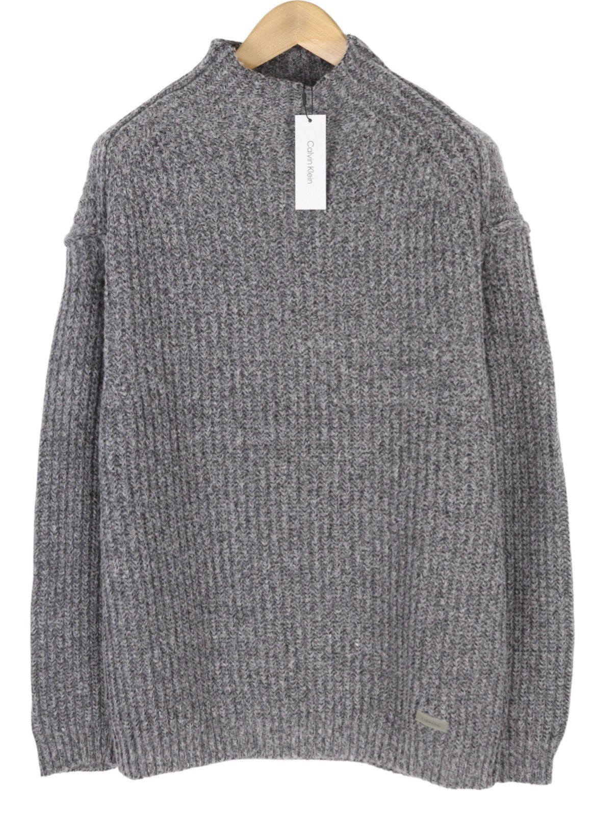 CALVIN KLEIN Men Jumper L Grey Wool Blend Tight-Knit Mock Neck Logo Pull On
