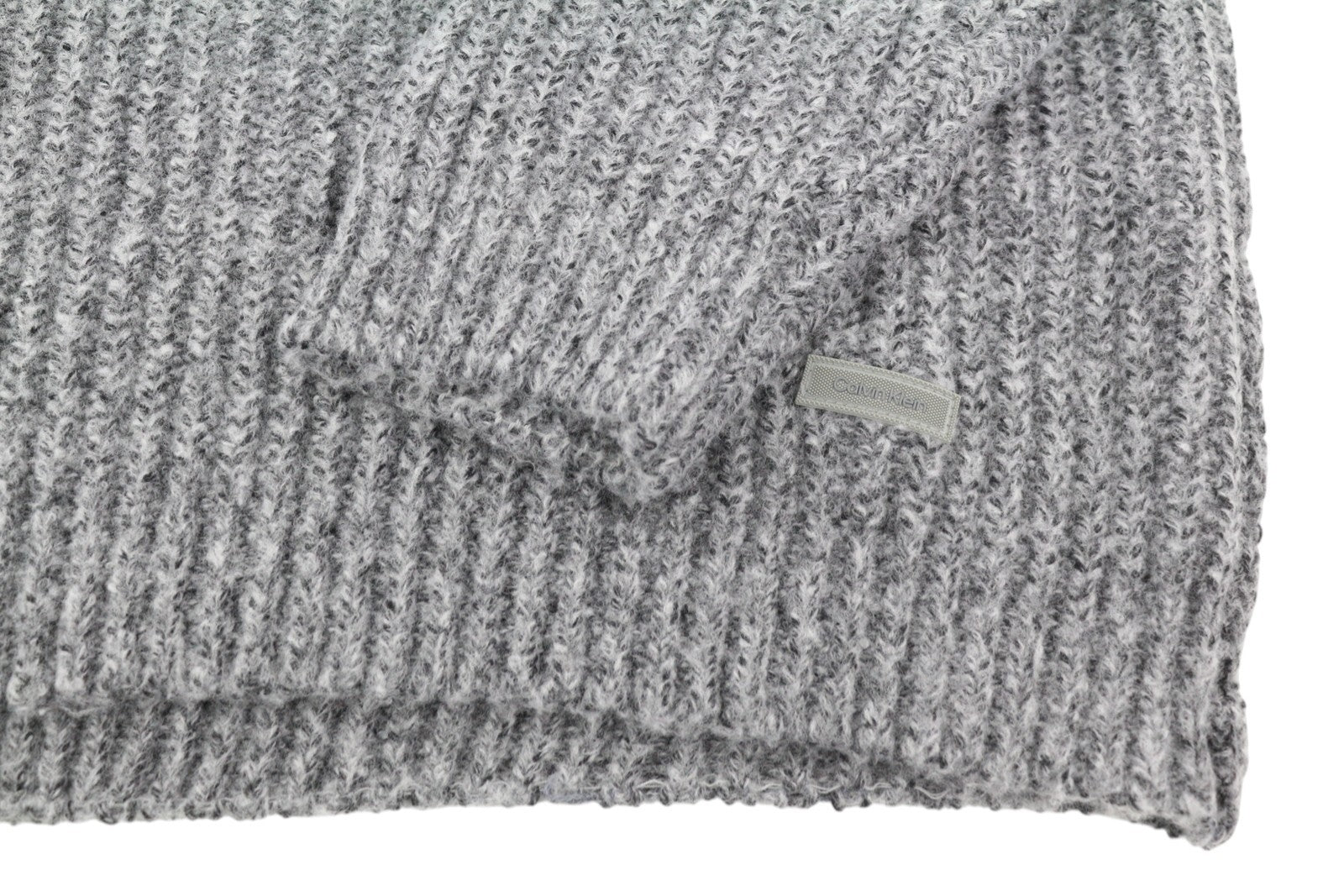CALVIN KLEIN Men Jumper L Grey Wool Blend Tight-Knit Mock Neck Logo Pull On