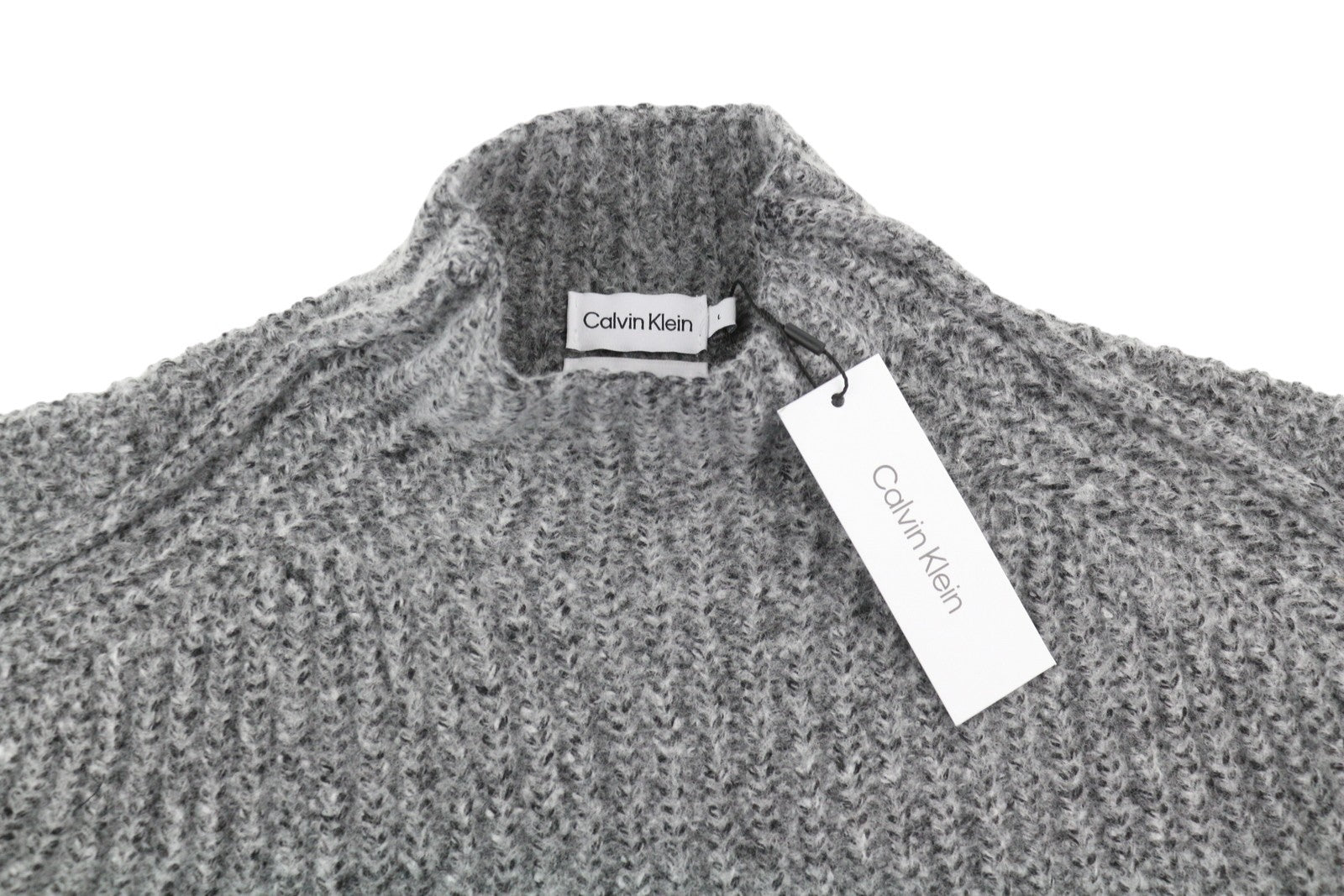 CALVIN KLEIN Men Jumper L Grey Wool Blend Tight-Knit Mock Neck Logo Pull On
