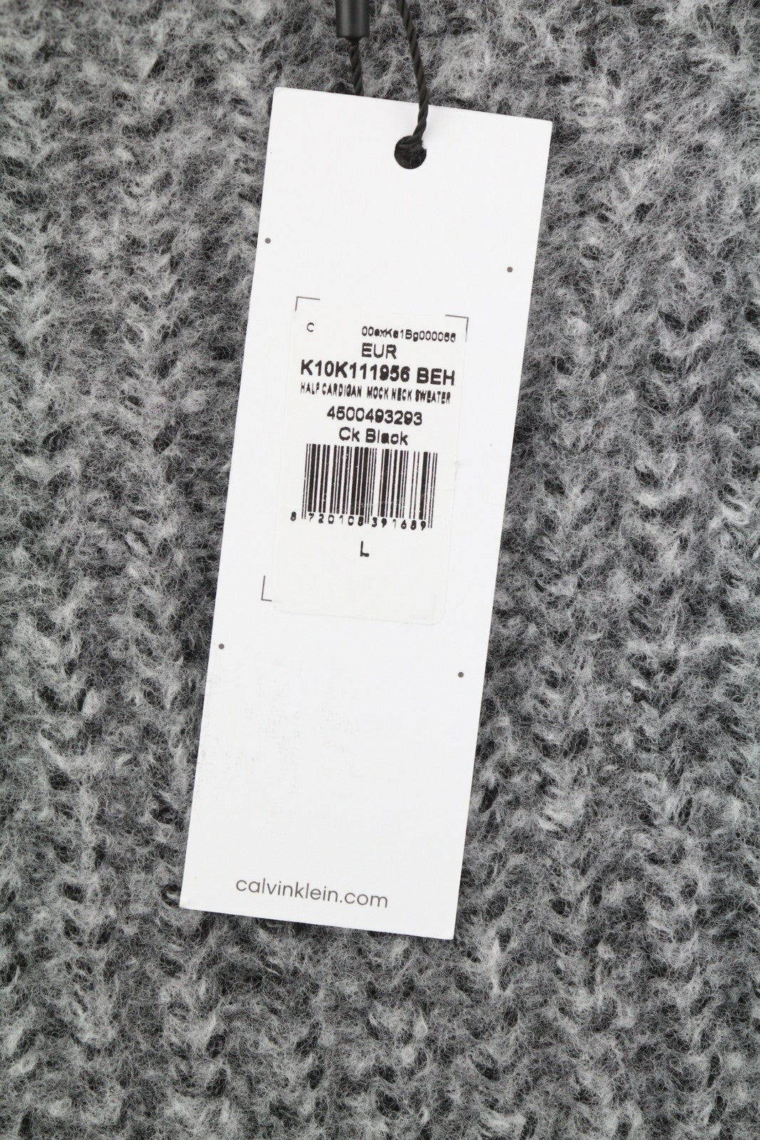 CALVIN KLEIN Men Jumper L Grey Wool Blend Tight-Knit Mock Neck Logo Pull On