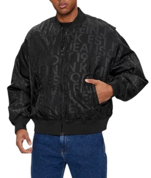 CALVIN KLEIN Men Jacket M Black Logo Print Insulated Loose Fit Bomber RR149