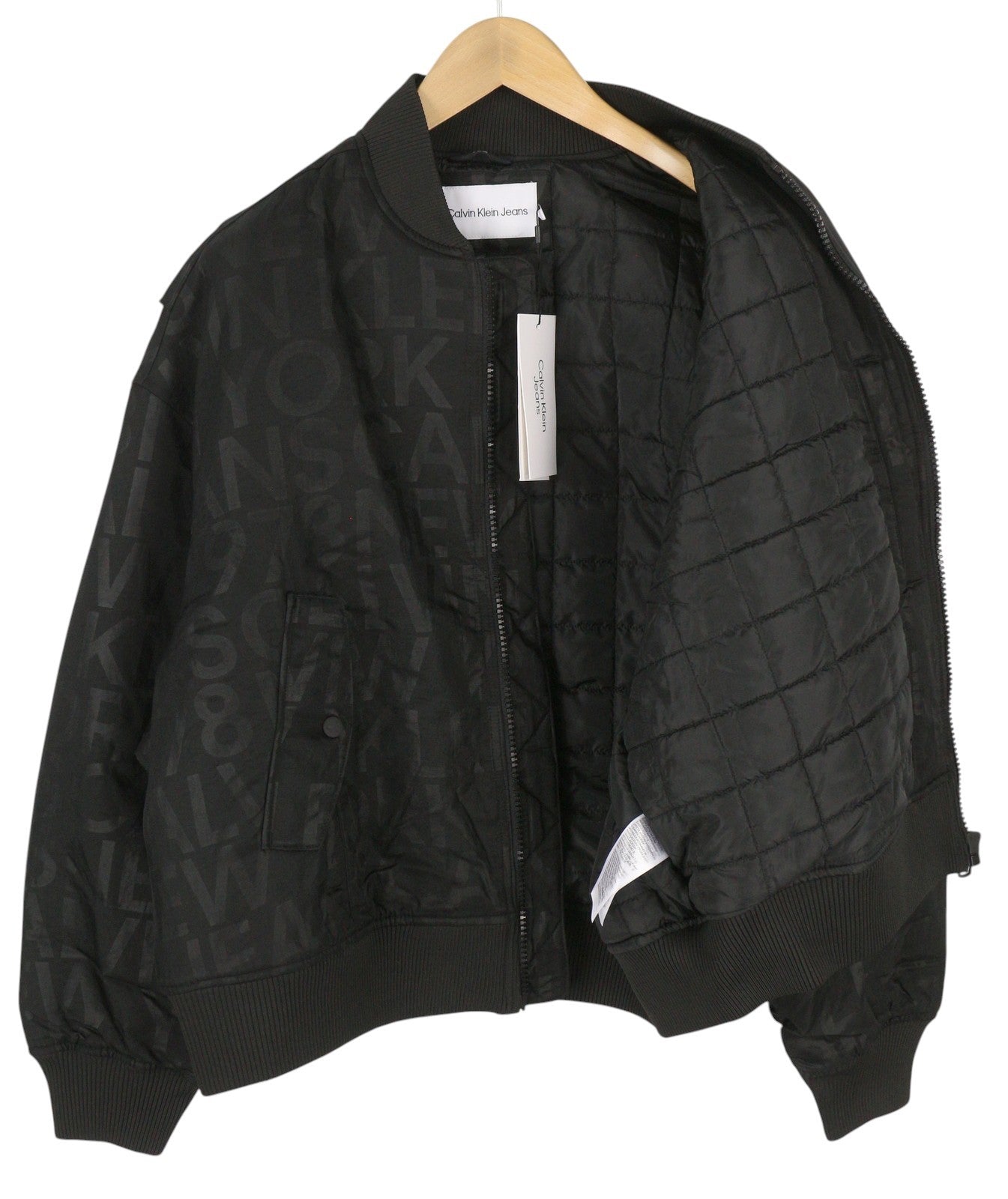 CALVIN KLEIN Men Jacket M Black Logo Print Insulated Loose Fit Bomber RR149