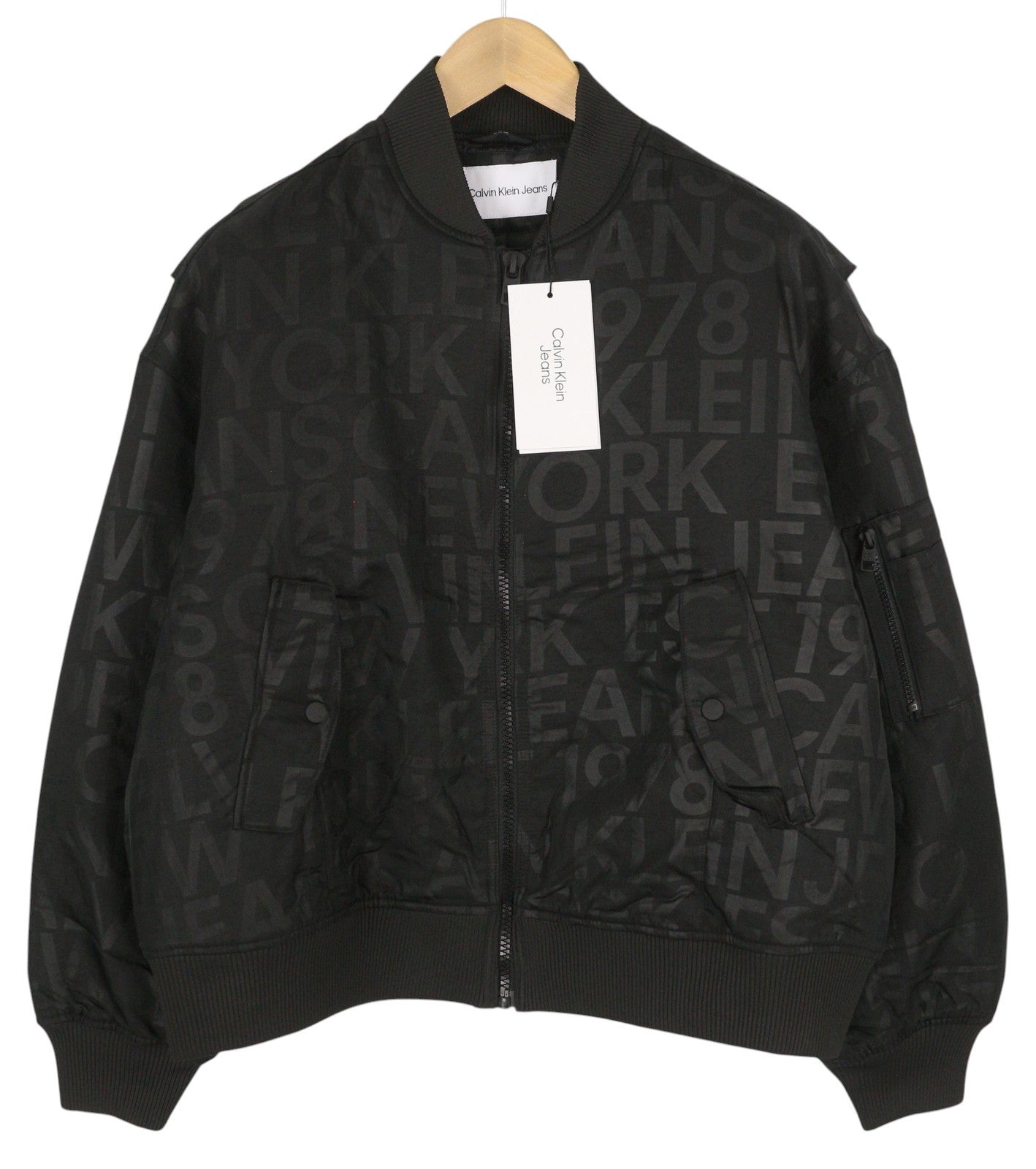 CALVIN KLEIN Men Jacket S Black Logo Print Insulated Loose Fit Bomber RRP149