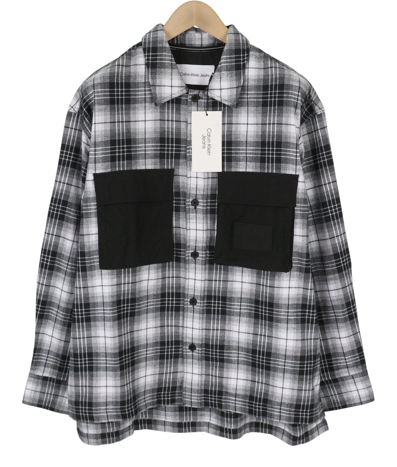 CALVIN KLEIN Men Shirt XL Flannel Plaid Patch Pockets Spread Neck Logo Casual