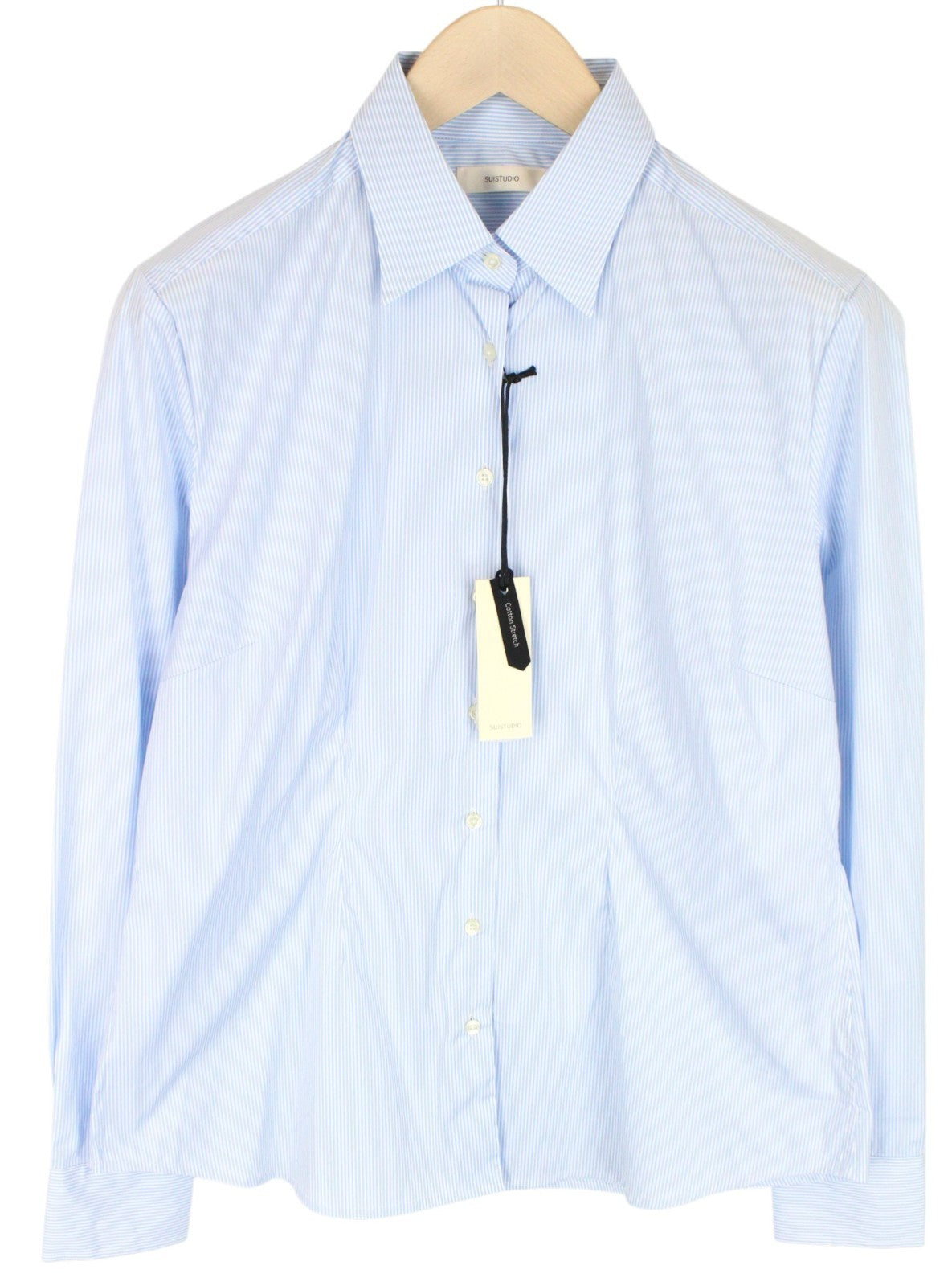 SUISTUDIO Women Shirt 44R Blue Cotton Stretch Striped Pattern Long Sleeved