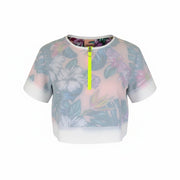 SWEATY BETTY Tournament Tennis Women T-Shirt L Off-White Crop Zip Short Sleeved