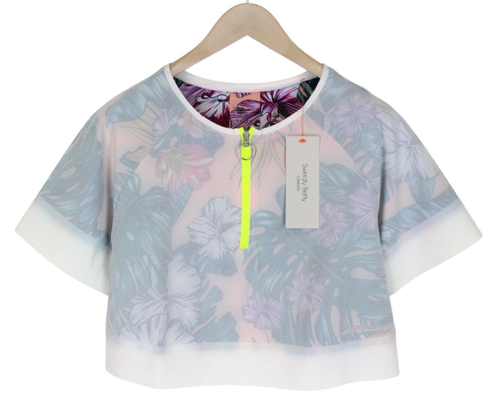 SWEATY BETTY Tournament Tennis Women T-Shirt L Off-White Crop Zip Short Sleeved