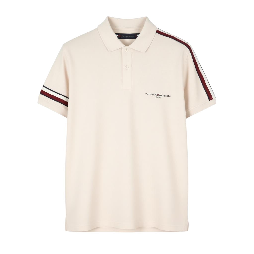 TOMMY HILFIGER Global Stripe Sleeve Men Polos L Feather White Logo Short Sleeve