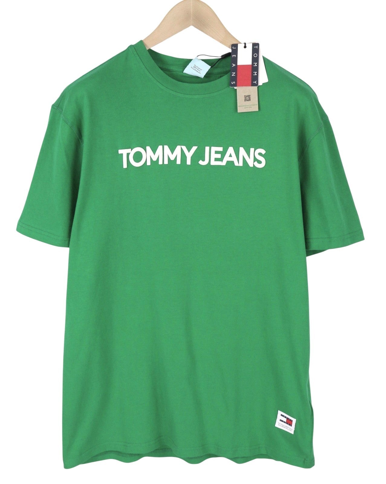 TOMMY HILFIGER Men T-Shirt L Green Crew Neck Logo Print Cotton Short Sleeve