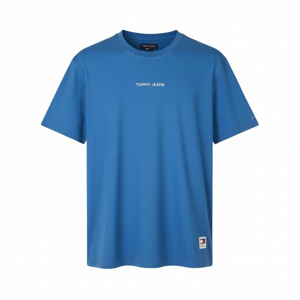 TOMMY HILFIGER Men T-Shirt M Blue Crew Neck Logo Print Cotton Short Sleeve