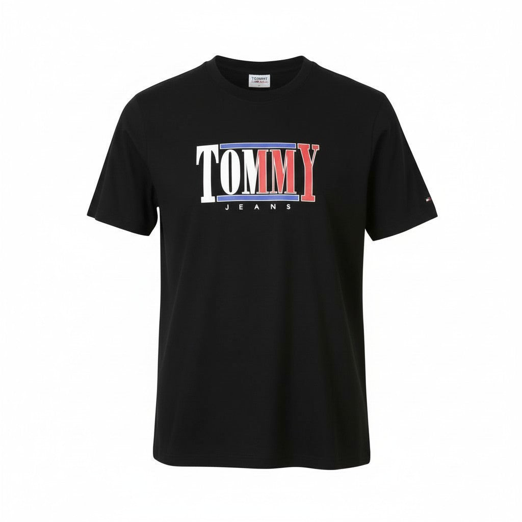 TOMMY HILFIGER Men T-Shirt L Black Crew Neck Cotton Logo Short Sleeve