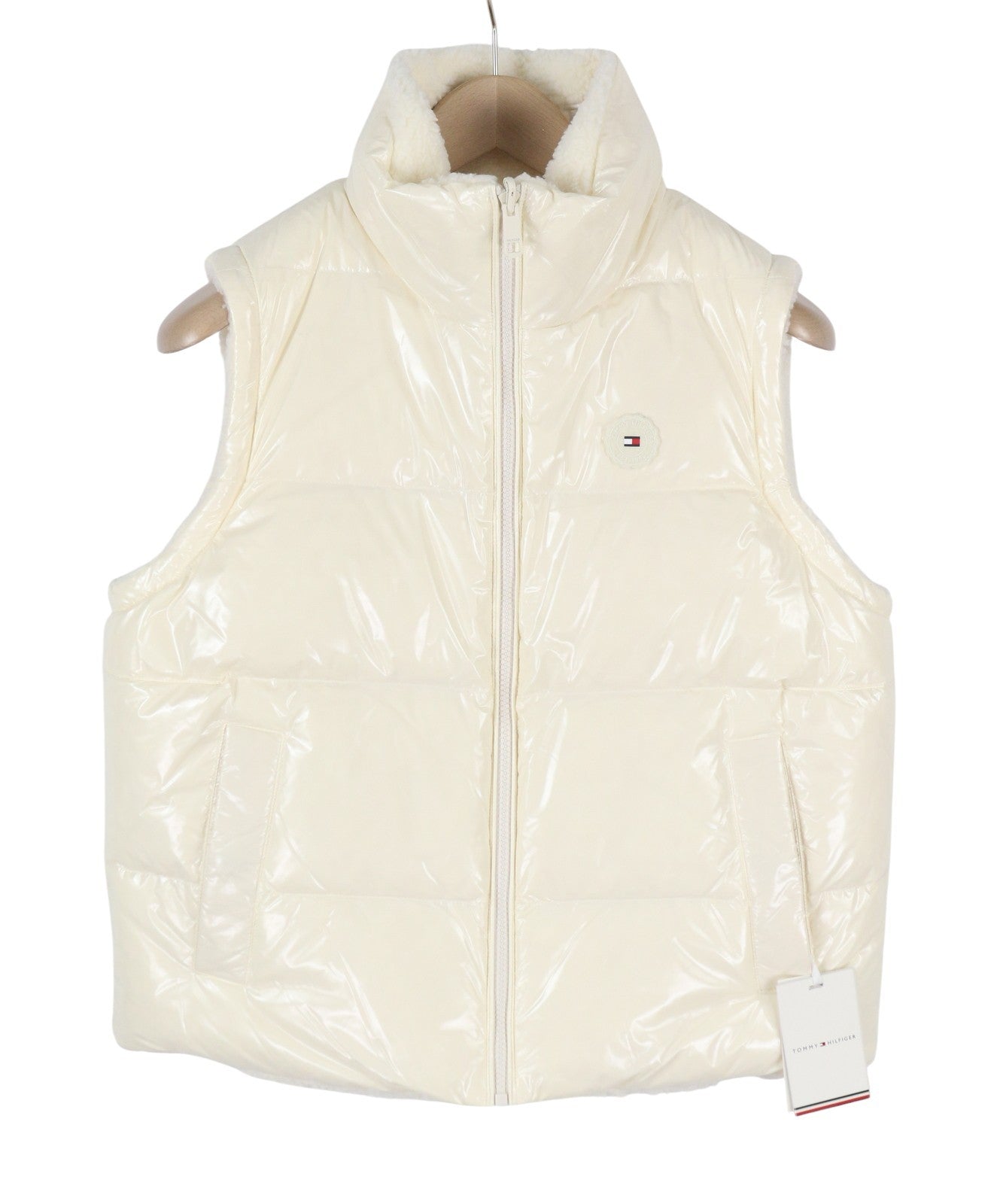 TOMMY HILFIGER Down Rev Teddy Women Waistcoat M Ivory Reversible High Neck