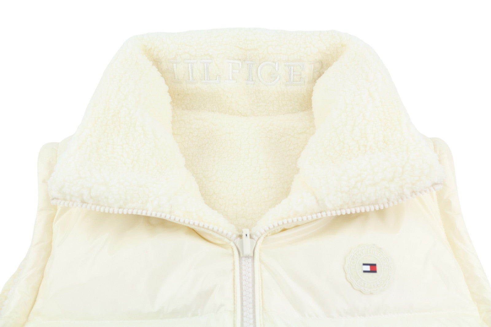 TOMMY HILFIGER Down Rev Teddy Women Waistcoat M Ivory Reversible High Neck