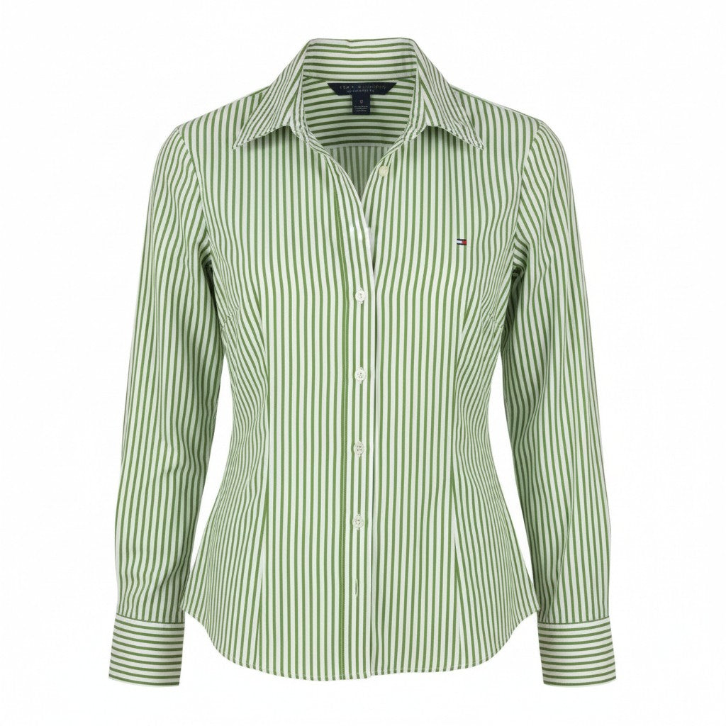 TOMMY HILFIGER Women Shirt XS Green Pinstripe Button-Up Spread Collar Stretch