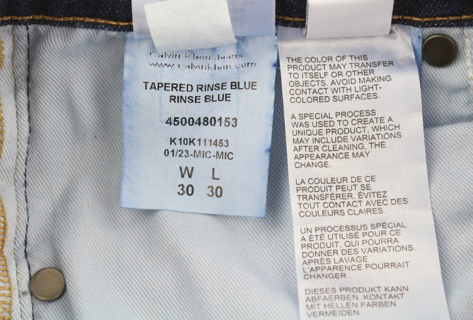 CALVIN KLEIN Tapered Rinse Blue Men Jeans W30/L30 Dark Blue Zip Logo Denim