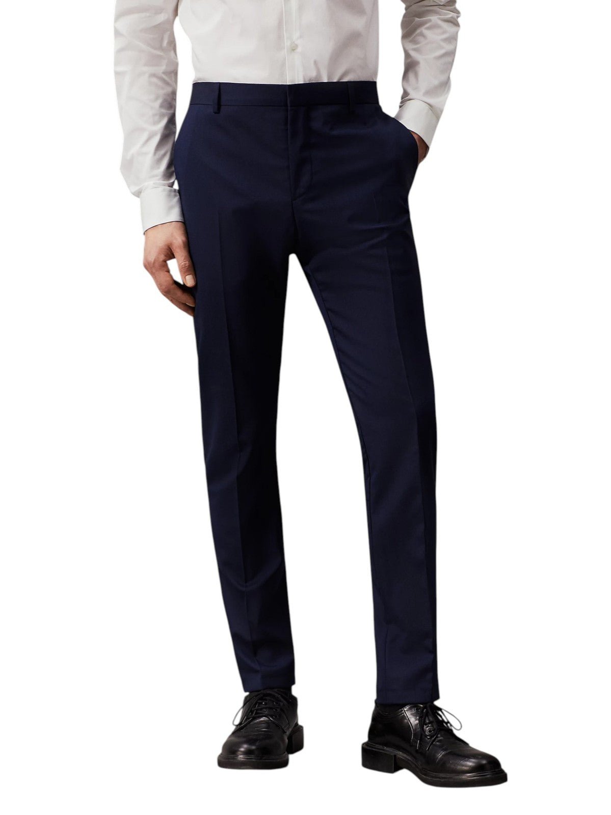 CALVIN KLEIN Stretch Wool Slim Men Trousers W38 Blue Flat Front Classic RRP139