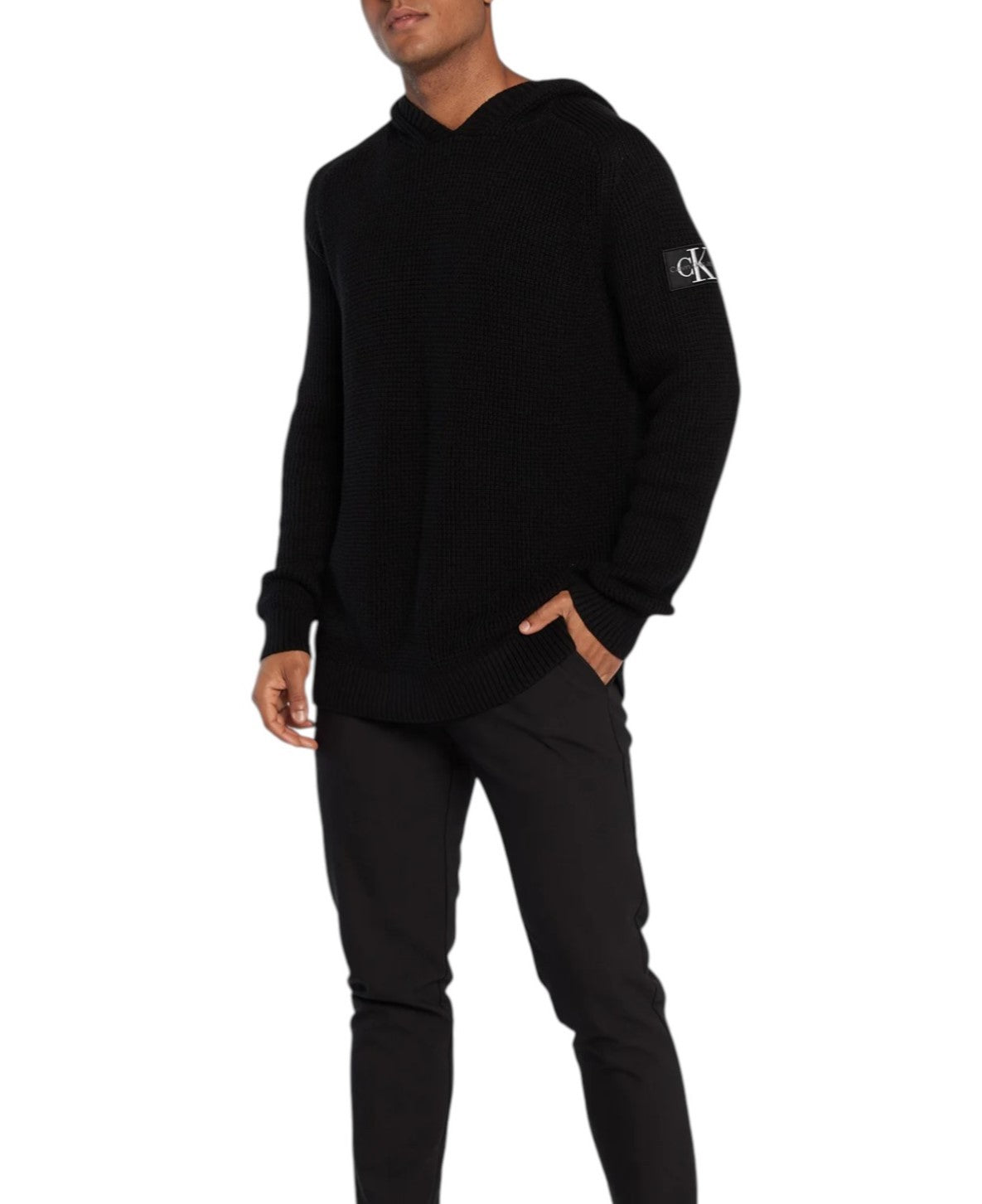 CALVIN KLEIN Men Jumper M Black Waffle-Knit Stretch Hooded Pull On RRP139