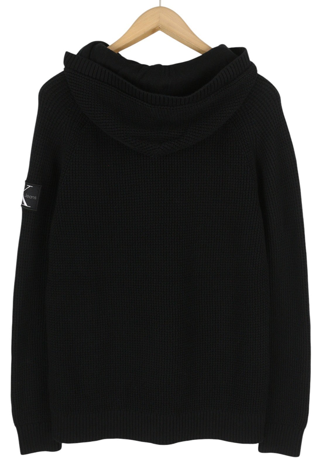 CALVIN KLEIN Men Jumper M Black Waffle-Knit Stretch Hooded Pull On RRP139