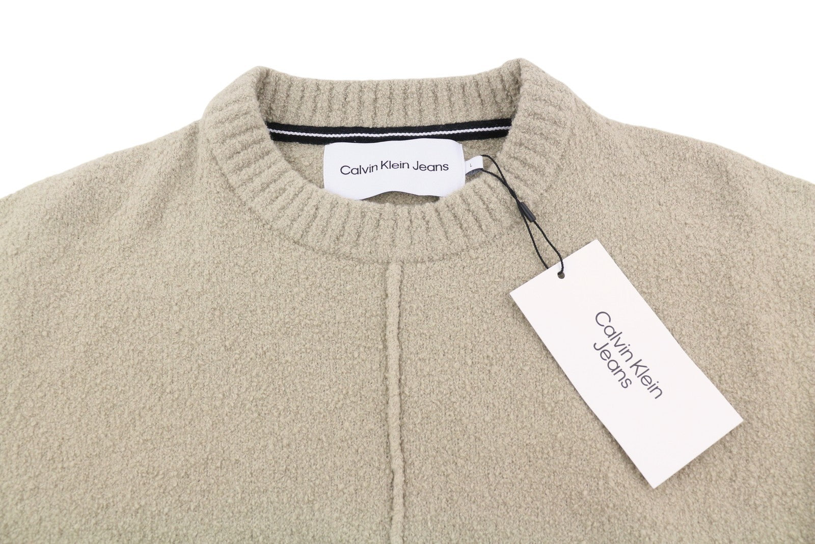 CALVIN KLEIN High Texture Men Jumper L Beige Patch Logo Casual Pull On RRP139