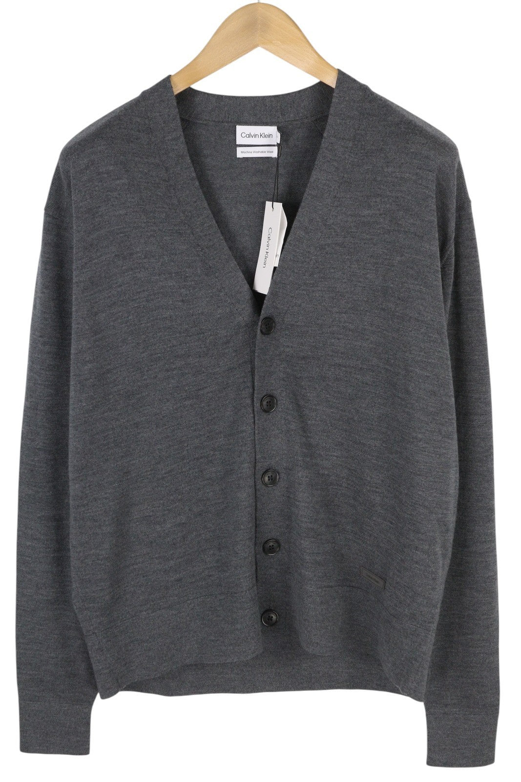 CALVIN KLEIN Merino Comfort Cardigan Men Jumper S Grey Melange Button-Up Knit