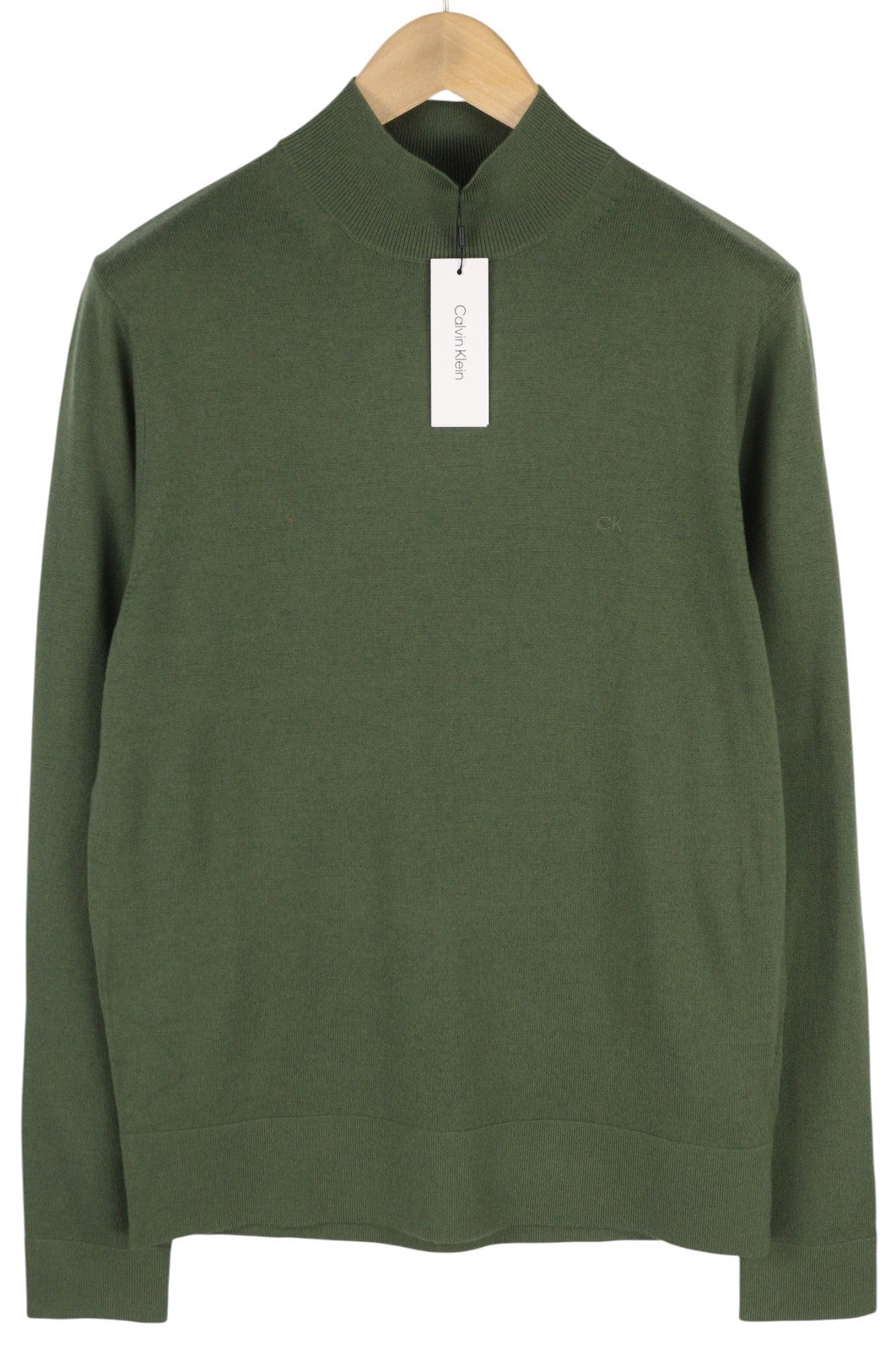 CALVIN KLEIN Merino Mock Neck Men Jumper M Green Wool Tight-Knit Logo Pull On